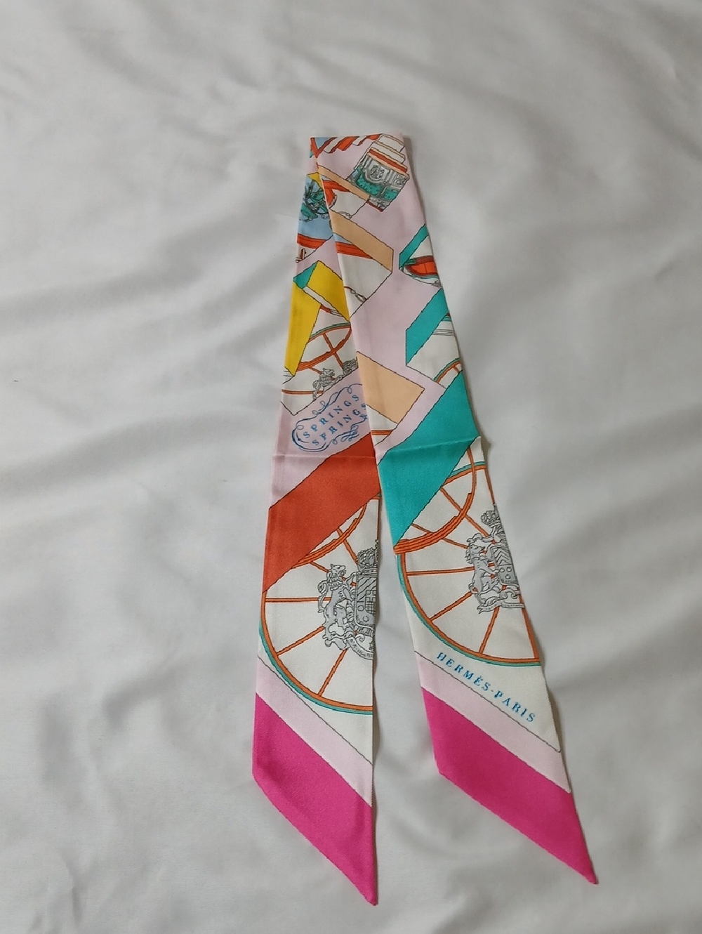 Hermes Springs Springs Pink, Turquoise & Orange Silk Twilly Scarf